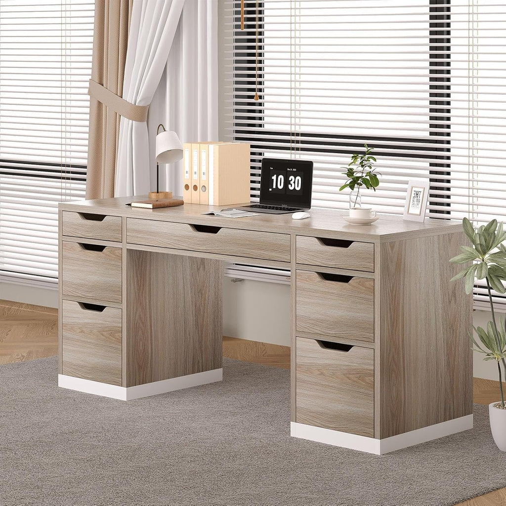 54 Inch Computer Desk With Storage Drawers White Walnut