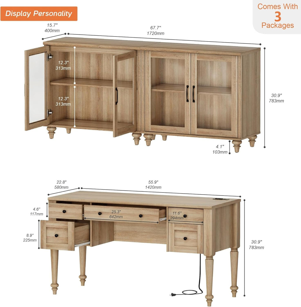 Distressed Oak Farmhouse Executive Desk Glass Cabinet