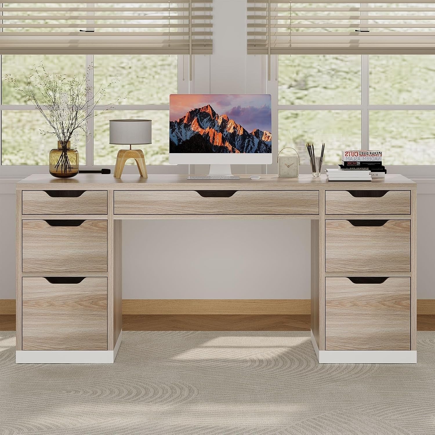 54 Inch Computer Desk With Storage Drawers White Walnut