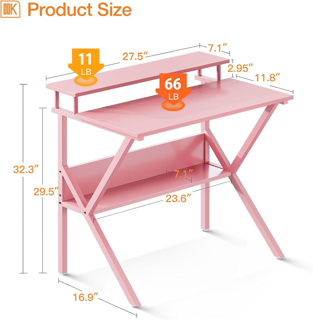 27.5-Inch Pink Desk With Monitor Stand For Small Spaces