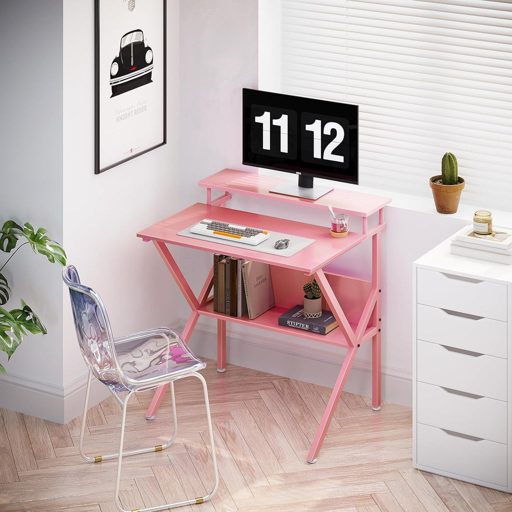 27.5-Inch Pink Desk With Monitor Stand For Small Spaces